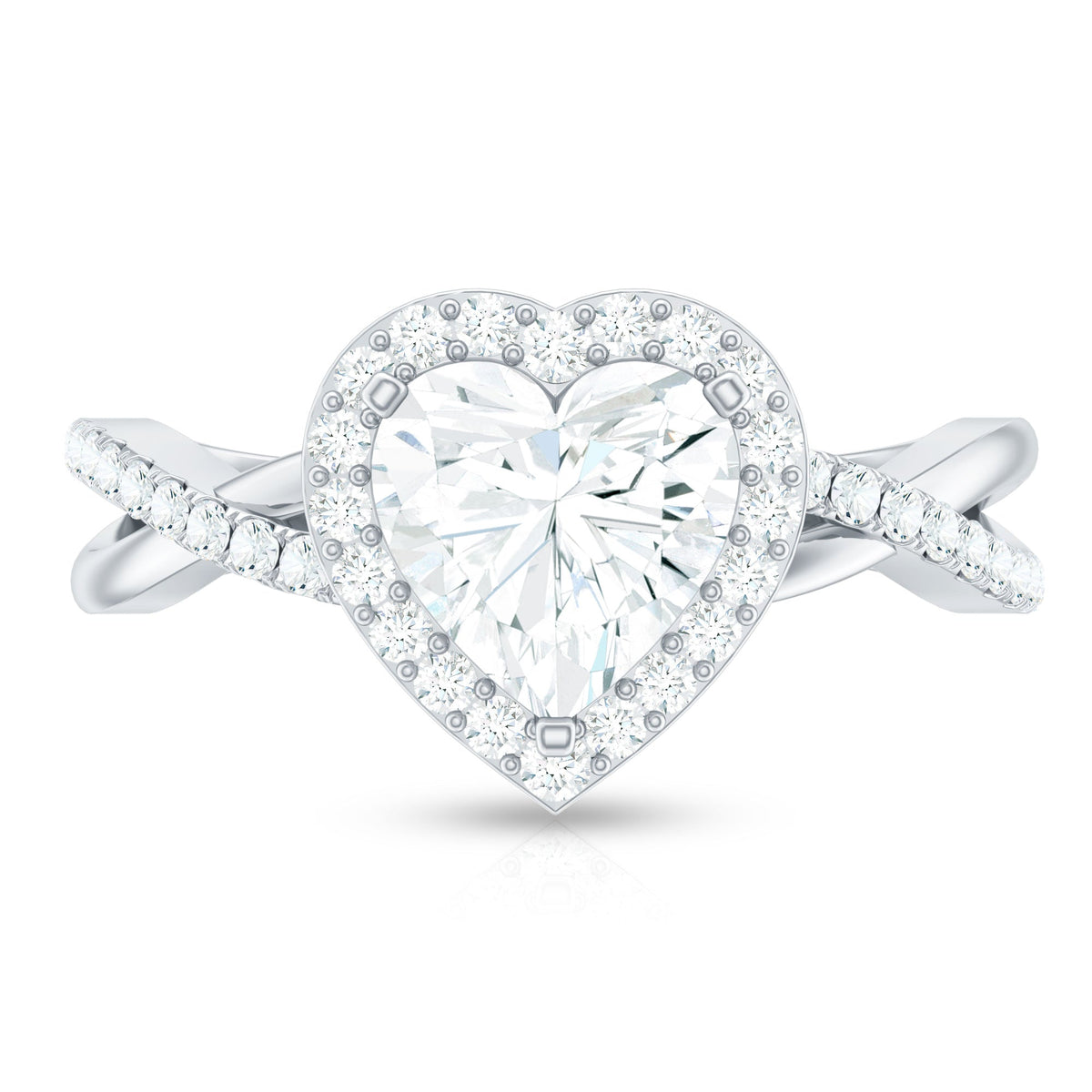 Heart-shaped moissanite halo engagement ring with criss-cross band by Rosec Jewels, showcasing sparkling stones and intricate design.