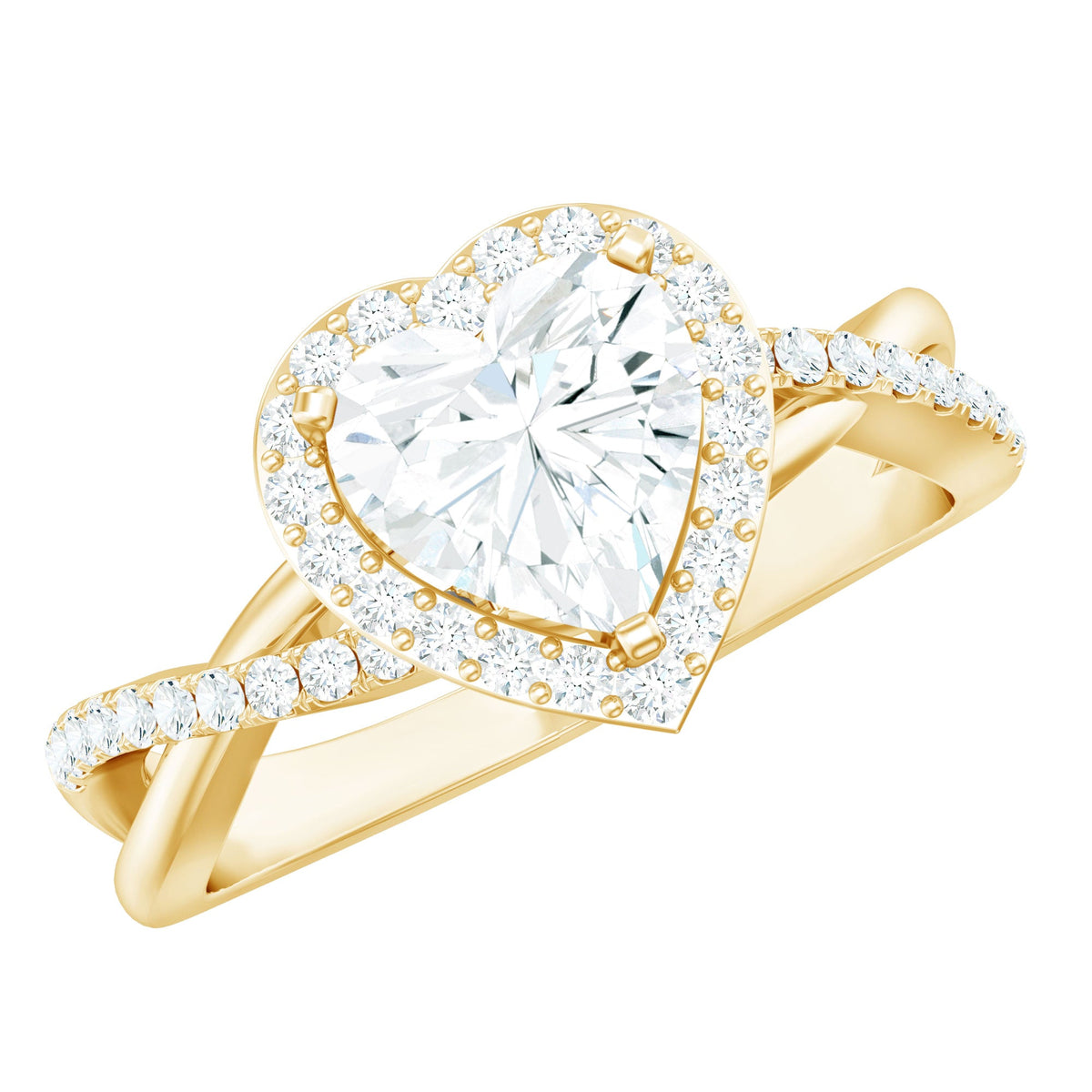 Heart-shaped moissanite halo engagement ring with criss-cross band by Rosec Jewels, featuring sparkling stones and intricate band design.
