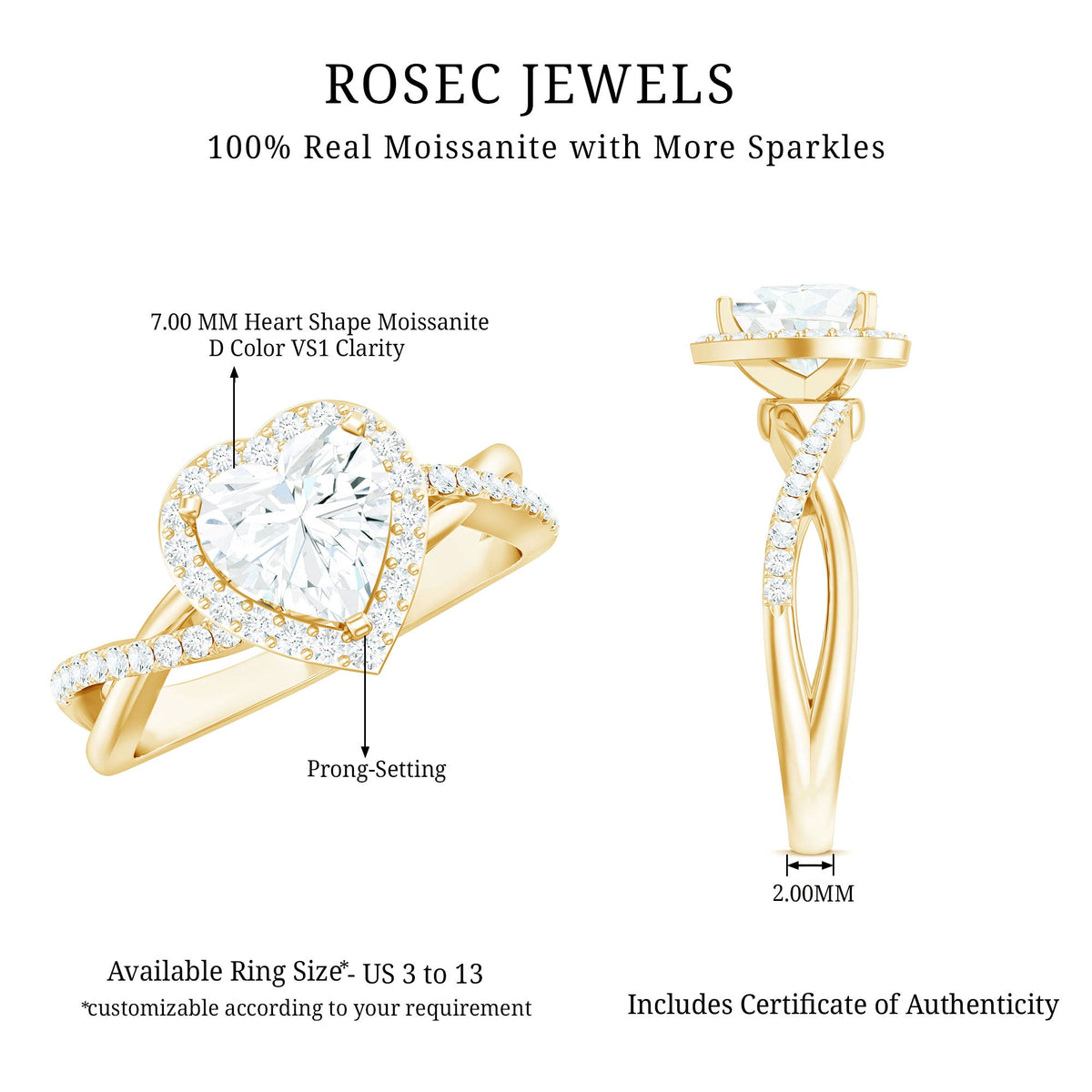 Heart-shaped moissanite halo engagement ring with criss-cross band from Rosec Jewels, showcasing sparkling stones and intricate design.