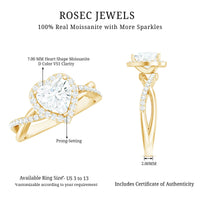 Heart-shaped moissanite halo engagement ring with criss-cross band from Rosec Jewels, showcasing sparkling stones and intricate design.