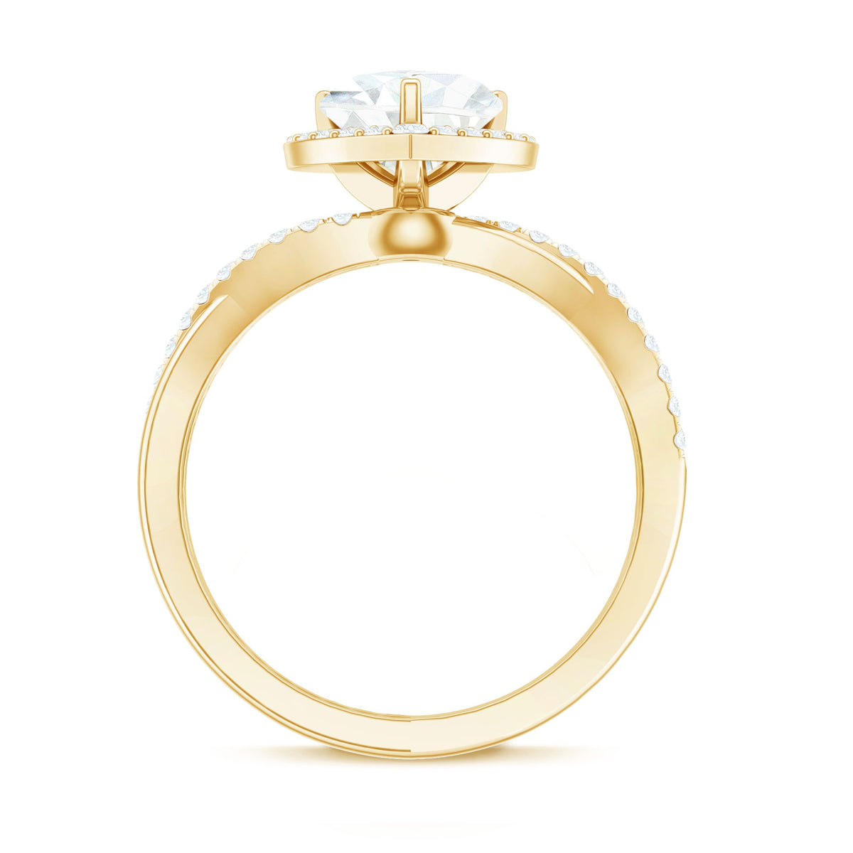 Heart-shaped moissanite halo engagement ring with a crisscross band, featuring sparkling stones and intricate design by Rosec Jewels.