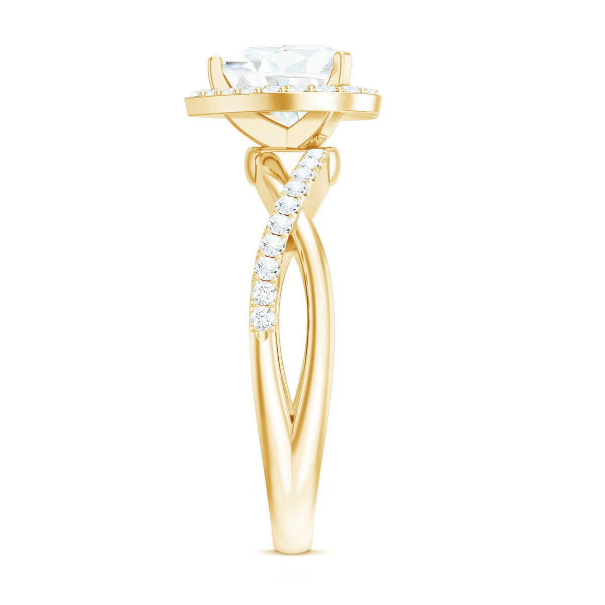 Heart-shaped moissanite halo engagement ring with criss-cross band by Rosec Jewels, showcasing sparkling gemstone and intricate design.