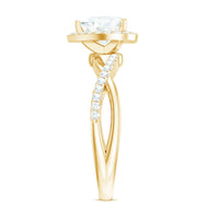 Heart-shaped moissanite halo engagement ring with criss-cross band by Rosec Jewels, showcasing sparkling gemstone and intricate design.