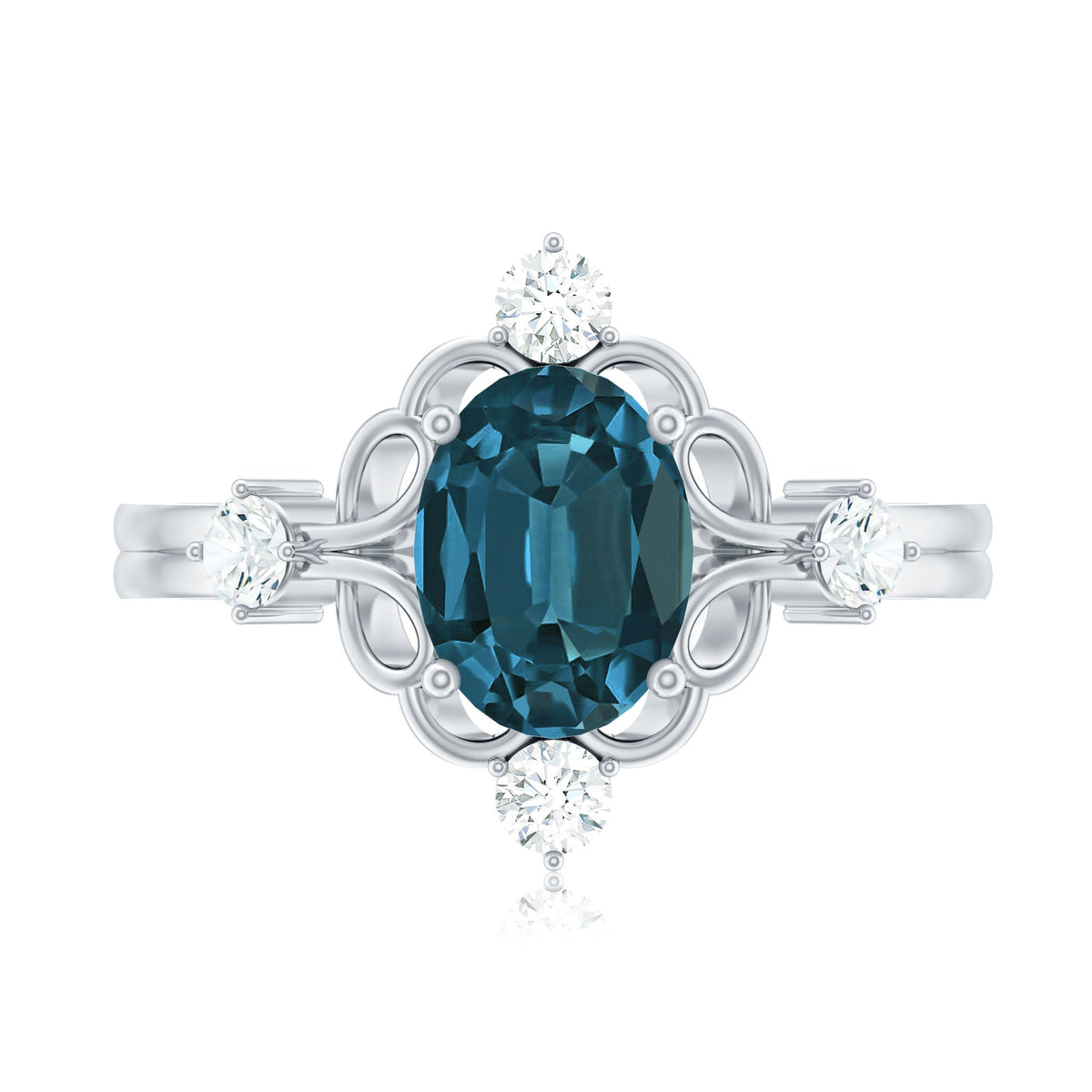 Art Deco Inspired Blue Topaz Oval Engagement Ring with Diamond