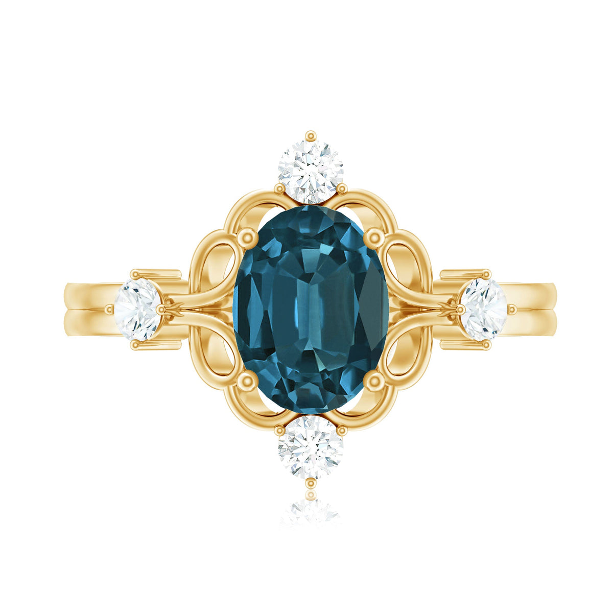 Art Deco Inspired Blue Topaz Oval Engagement Ring with Diamond