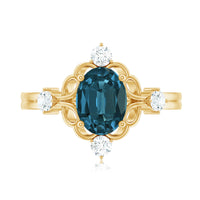 Art Deco Inspired Blue Topaz Oval Engagement Ring with Diamond