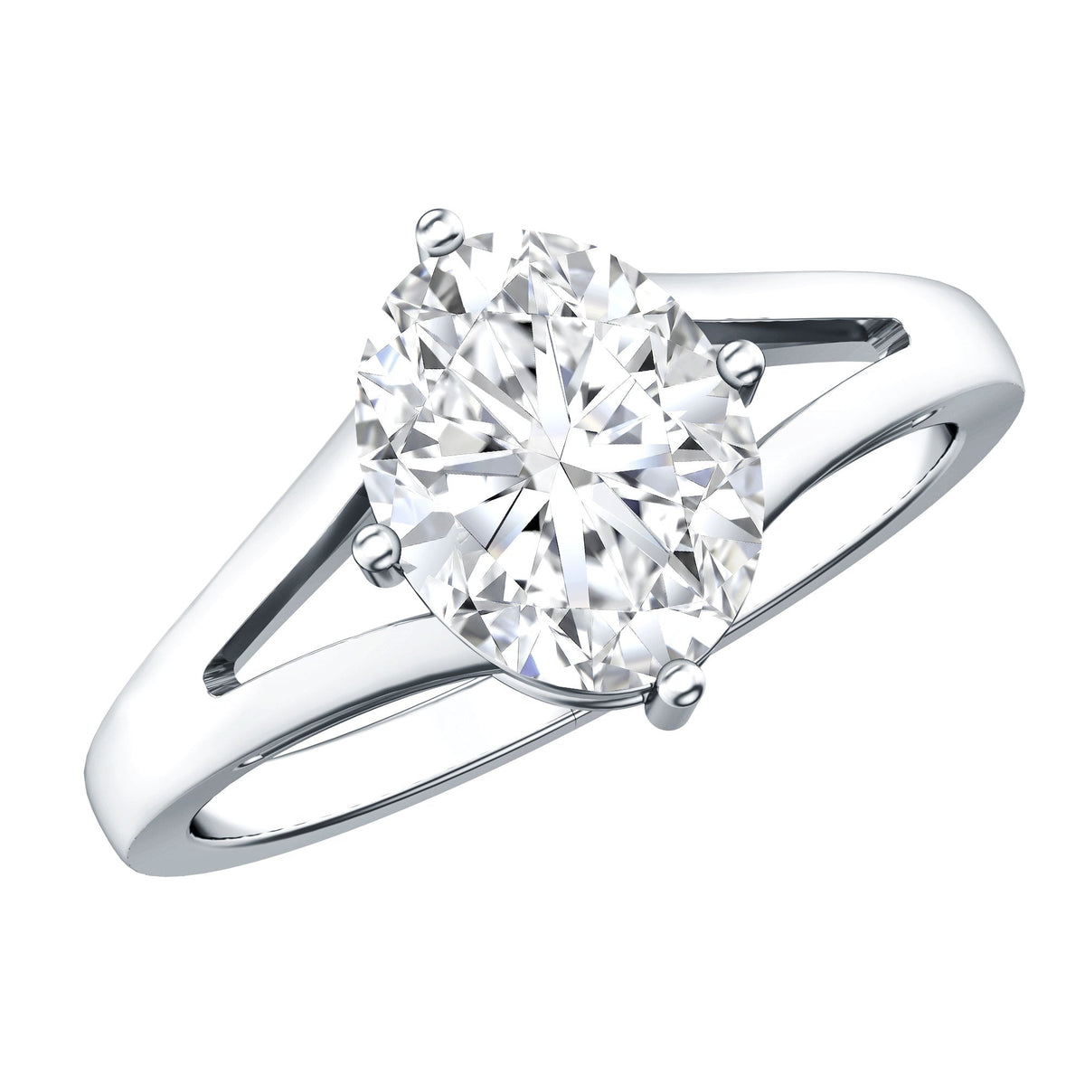 Oval cut Moissanite solitaire engagement ring with split shank design from Rosec Jewels, showcasing the elegant ring setting.