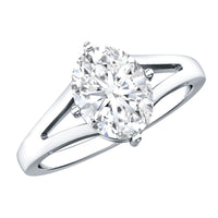 Oval cut Moissanite solitaire engagement ring with split shank design from Rosec Jewels, showcasing the elegant ring setting.