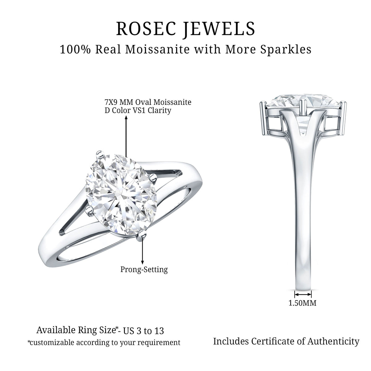 Oval cut moissanite solitaire engagement ring with split shank design, featuring sparkling gemstone and elegant band.