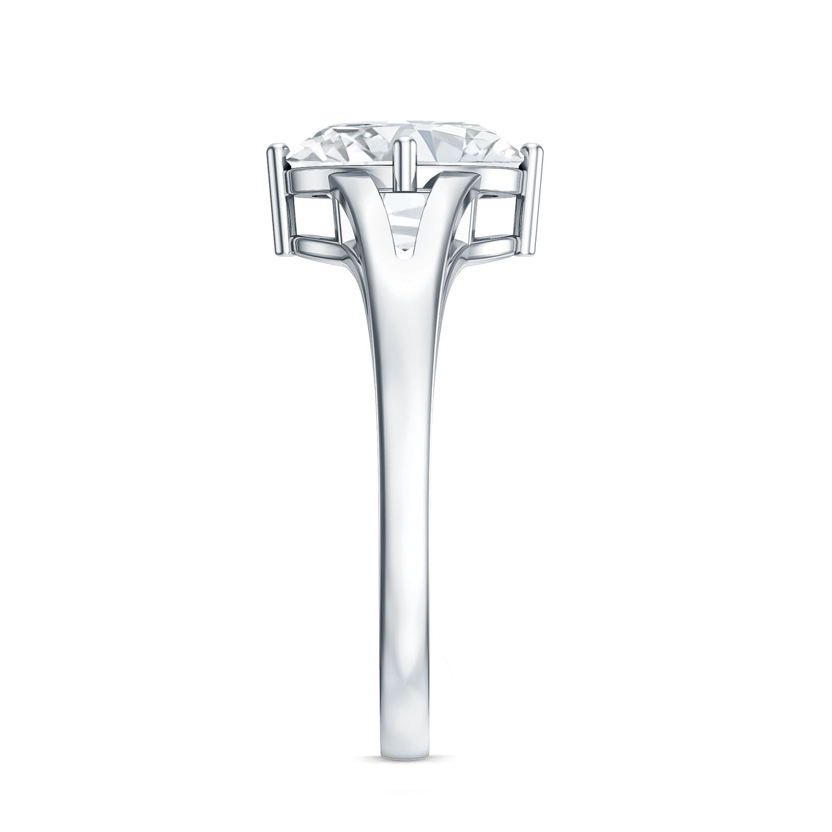 Oval cut moissanite solitaire engagement ring with split shank design from Rosec Jewels, showcasing the sparkling gemstone and elegant band.