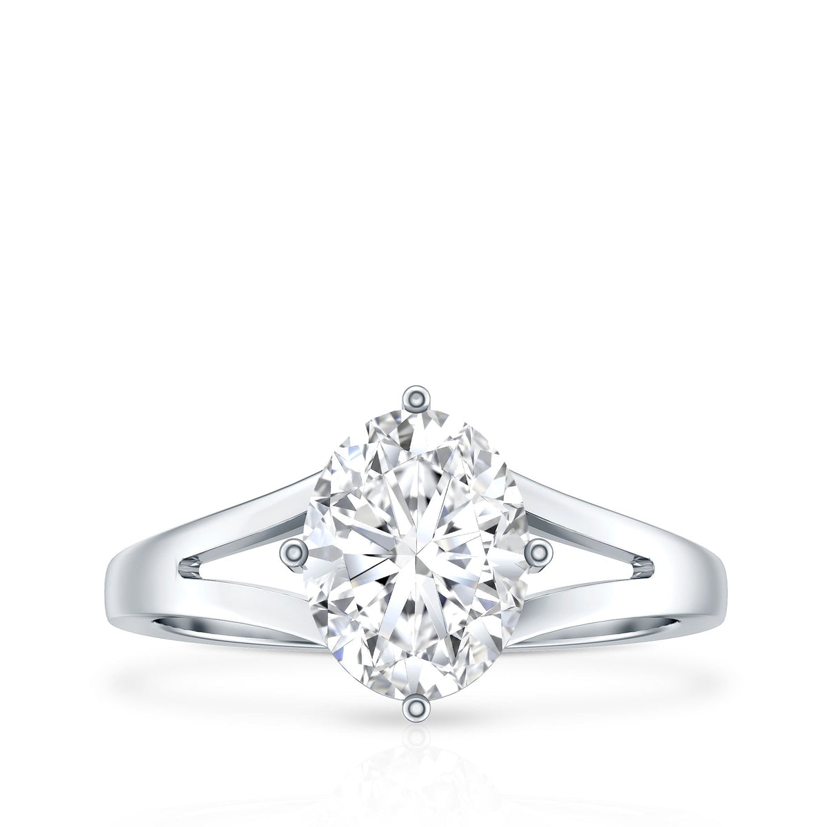 Oval cut moissanite solitaire engagement ring with split shank design by Rosec Jewels, showcasing the sparkling gemstone and elegant band.