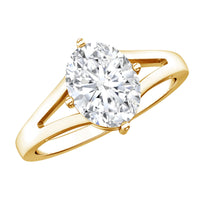 Oval cut moissanite solitaire engagement ring with split shank setting by Rosec Jewels, showcasing the elegant ring design.