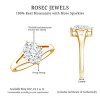 Oval cut moissanite solitaire engagement ring with split shank design, featuring a sparkling central stone and elegant band.