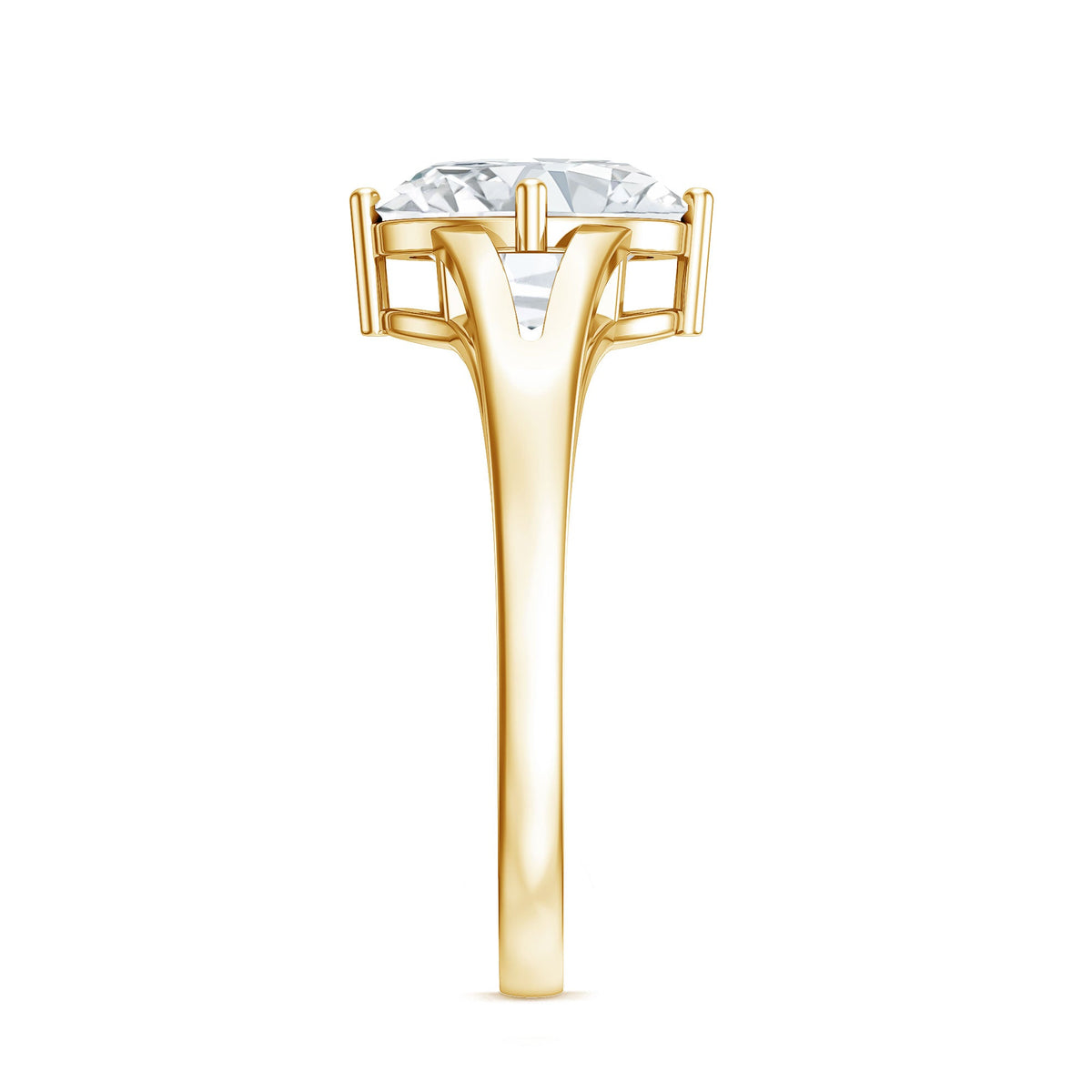 Oval cut moissanite solitaire engagement ring with a split shank design by Rosec Jewels, showcasing the sparkling gemstone and elegant band.