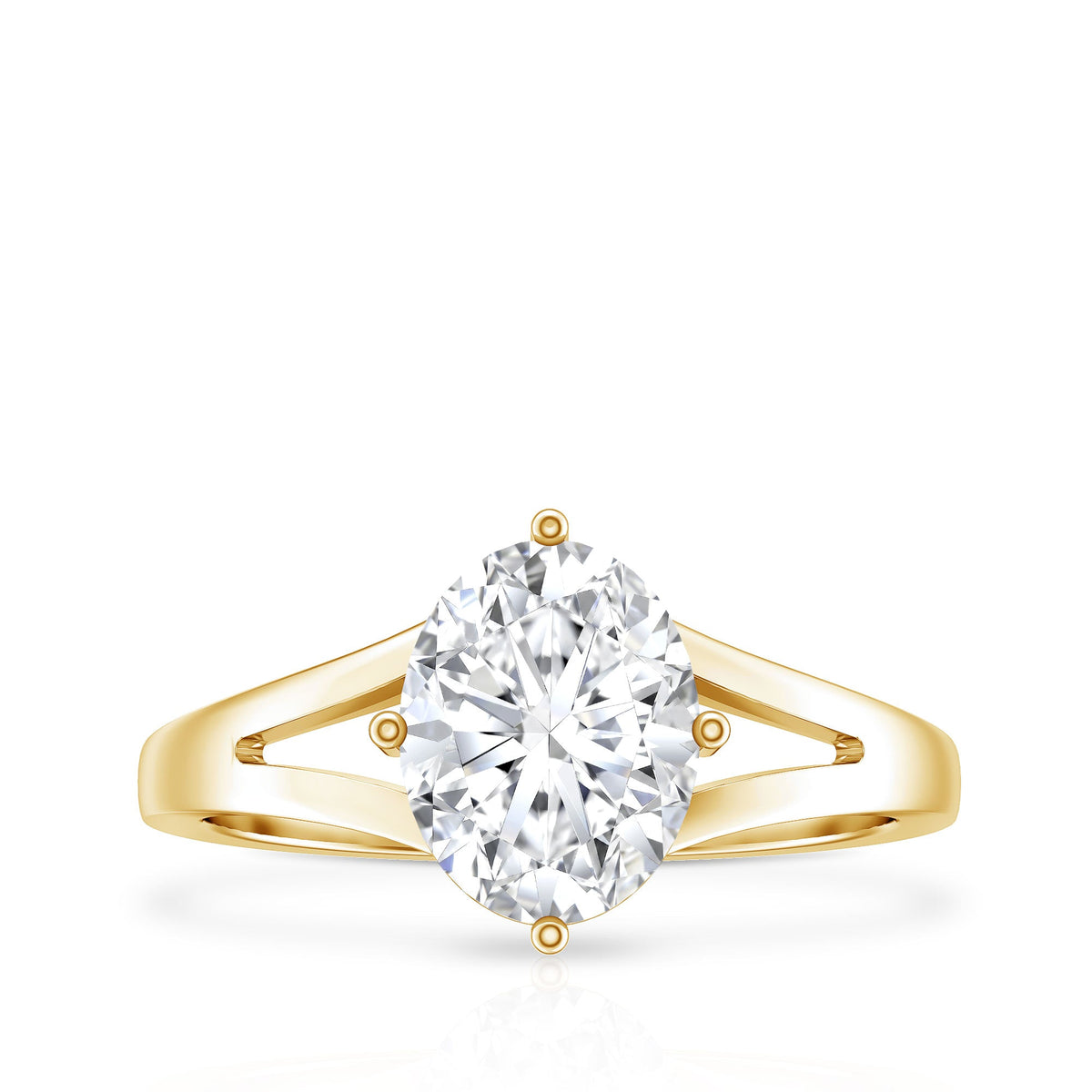 Oval cut moissanite solitaire engagement ring with split shank setting, featuring a shiny band and detailed craftsmanship.