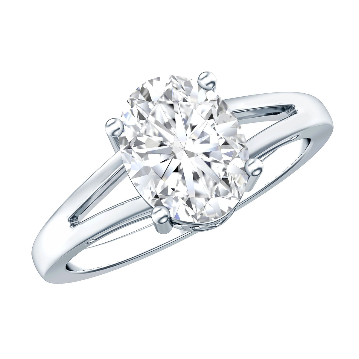 Oval cut moissanite solitaire engagement ring with split shank design by Rosec Jewels, shown from front on a white background.