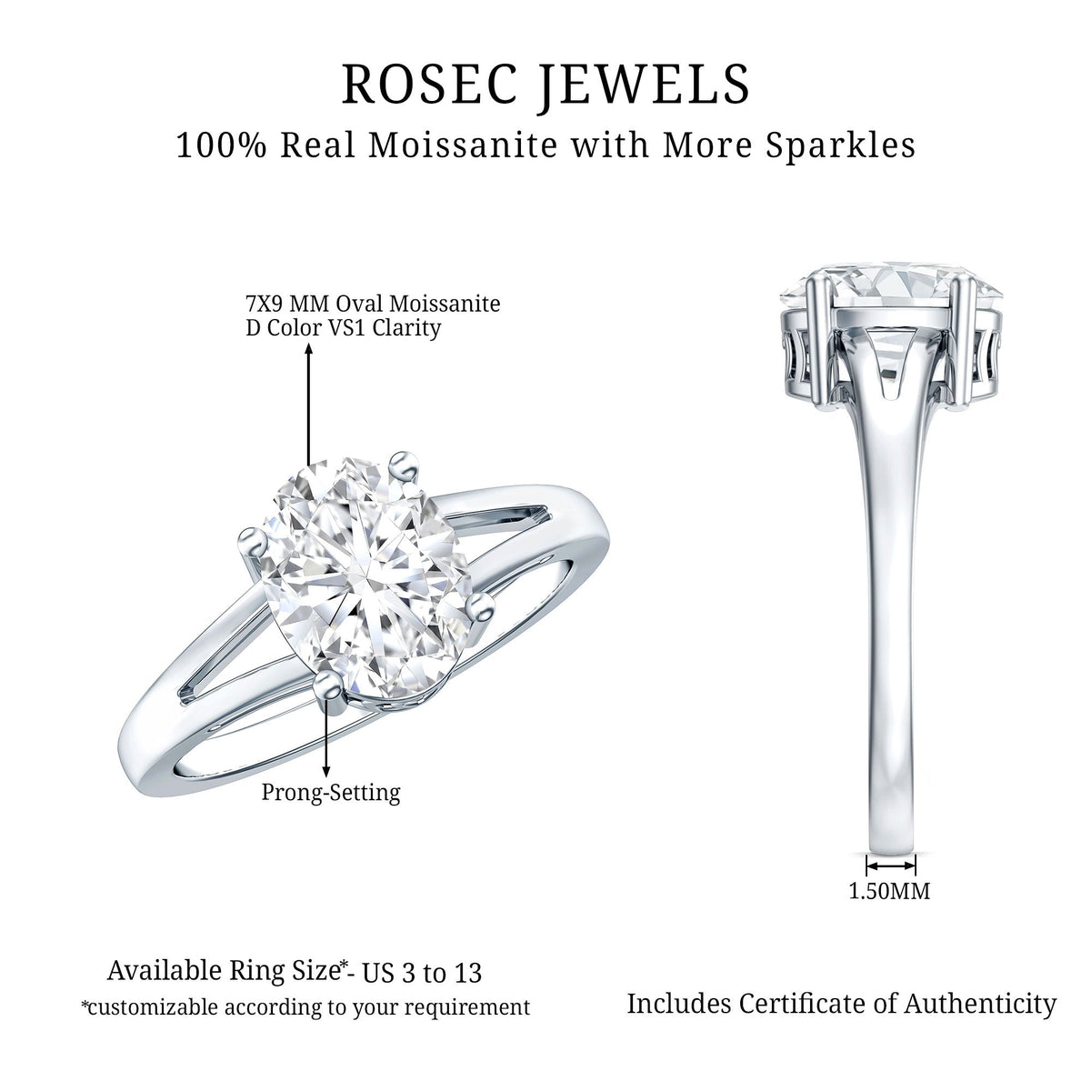 Oval cut moissanite solitaire engagement ring with split shank design by Rosec Jewels, showcasing the detailed ring setting.