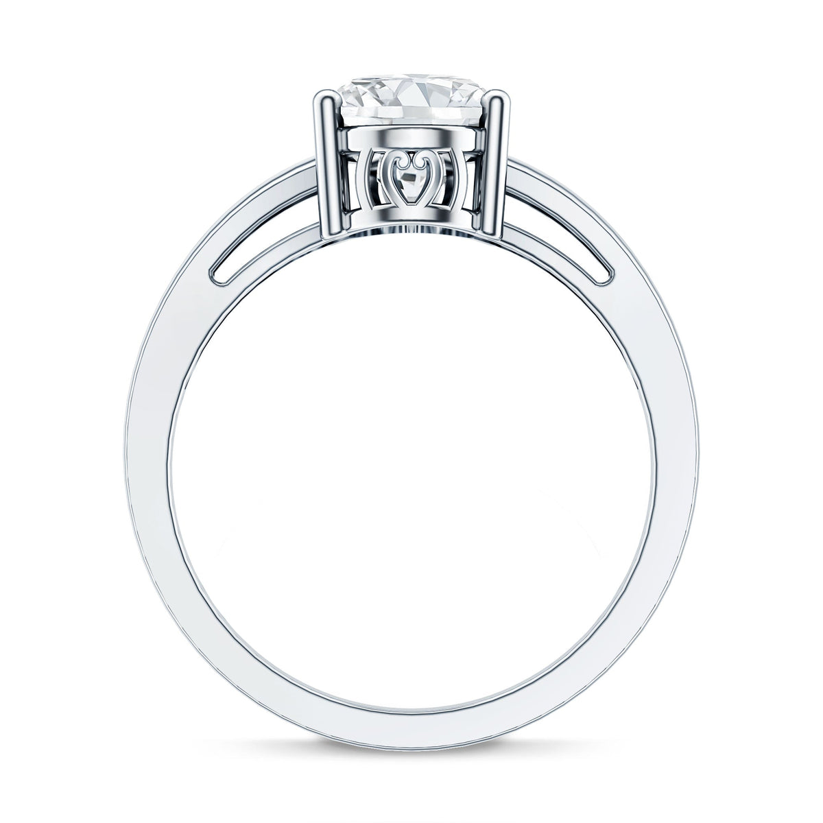 Oval cut moissanite solitaire engagement ring with split shank design by Rosec Jewels, showcasing the elegant ring on a neutral background.