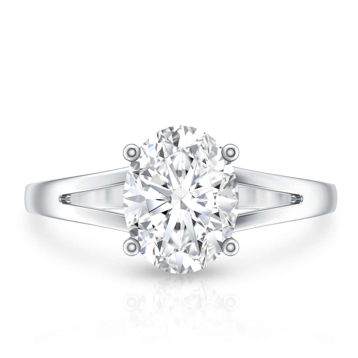 Rosec Jewels solitaire oval cut moissanite engagement ring with split shank design, showcasing a sparkling central stone and elegant band.