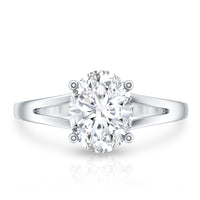 Rosec Jewels solitaire oval cut moissanite engagement ring with split shank design, showcasing a sparkling central stone and elegant band.