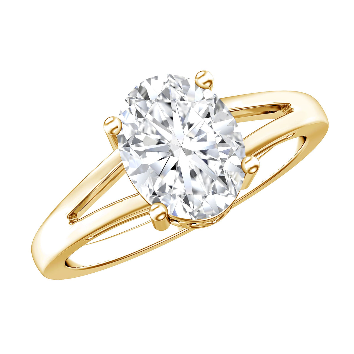 Rosec Jewels solitaire oval cut moissanite engagement ring with a split shank design, showcasing a sparkling central gemstone and elegant band.