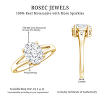 Oval cut moissanite solitaire engagement ring with split shank design from Rosec Jewels, showcasing the elegant ring setting.