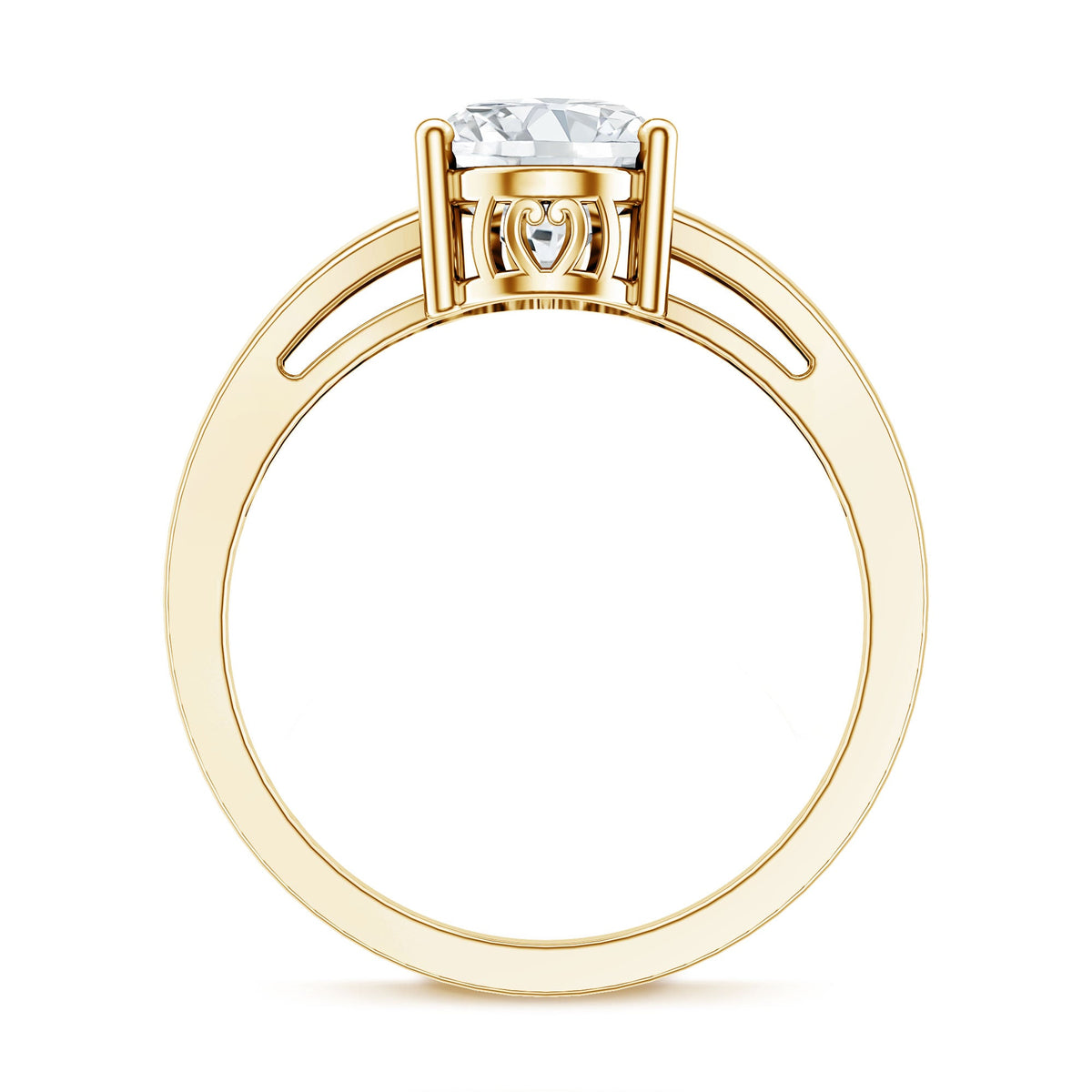 Oval cut moissanite solitaire engagement ring with split shank design by Rosec Jewels, showcasing sparkling gemstone and elegant band.