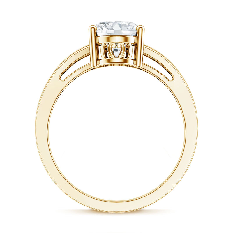 Oval cut moissanite solitaire engagement ring with split shank design by Rosec Jewels, showcasing sparkling gemstone and elegant band.