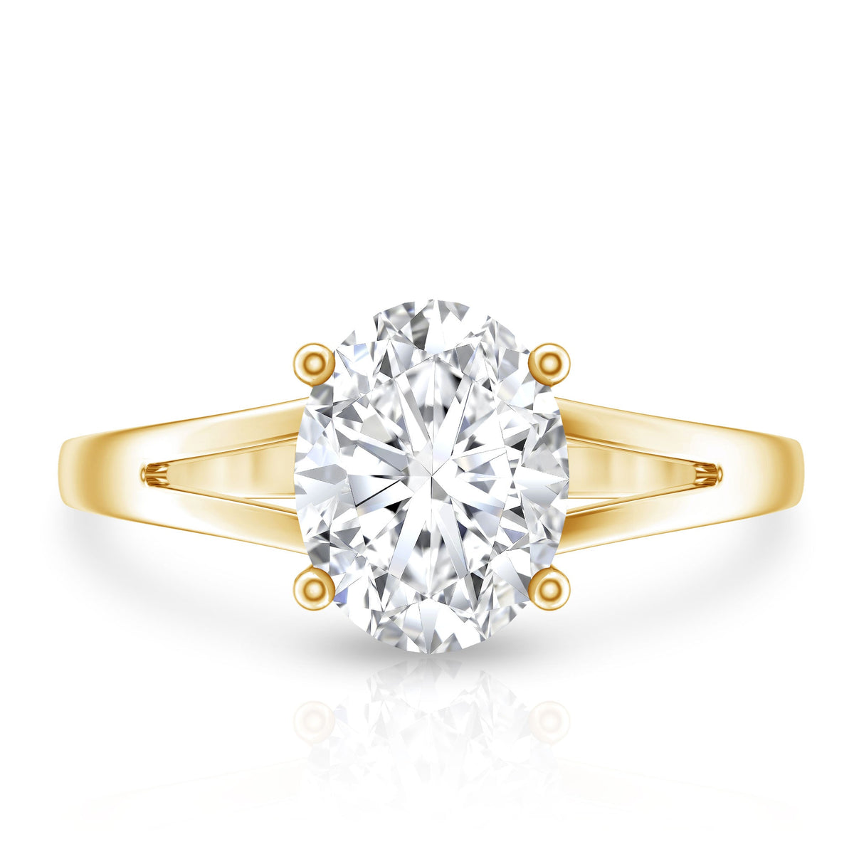Oval cut moissanite solitaire engagement ring with split shank design from Rosec Jewels, showcasing the elegant ring on a white background.