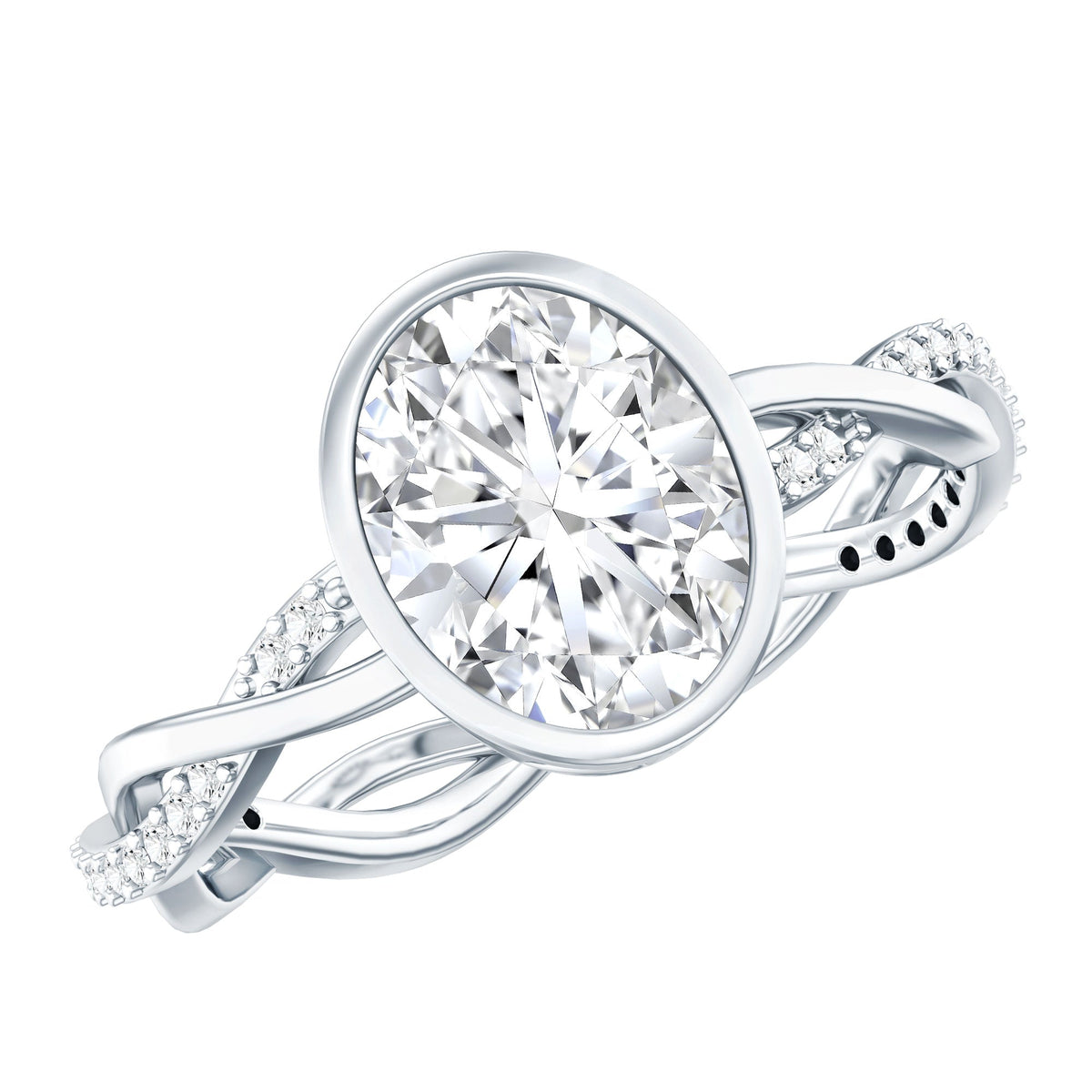 Brilliant cut moissanite engagement ring with bezel setting and braided shank by Rosec Jewels, showcasing the detailed design and sparkle.