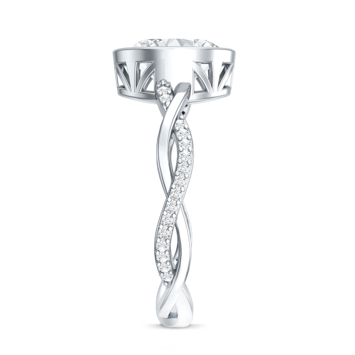 Brilliant cut moissanite bezel set engagement ring with a braided shank in a Rosec Jewels ring design.