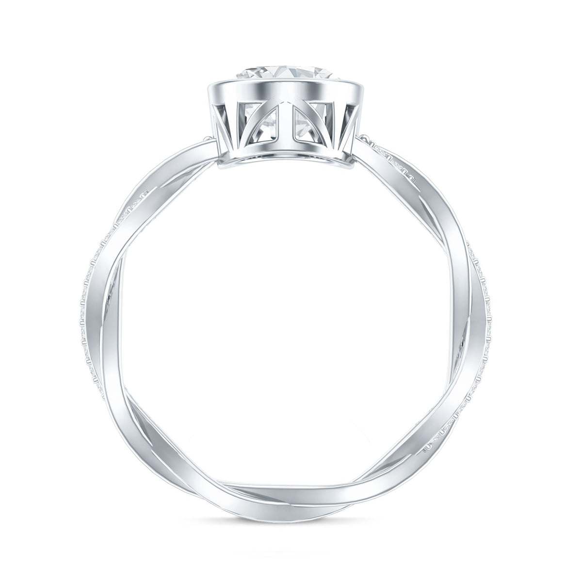 Brilliant cut moissanite engagement ring with bezel setting and braided shank, showcasing a sparkling center stone and intricate band design.
