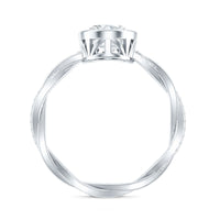 Brilliant cut moissanite engagement ring with bezel setting and braided shank, showcasing a sparkling center stone and intricate band design.