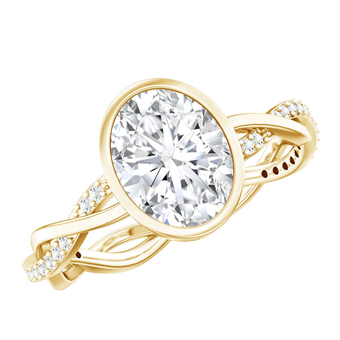 Brilliant cut Moissanite engagement ring with bezel setting and braided shank by Rosec Jewels, showcasing intricate design and sparkle.