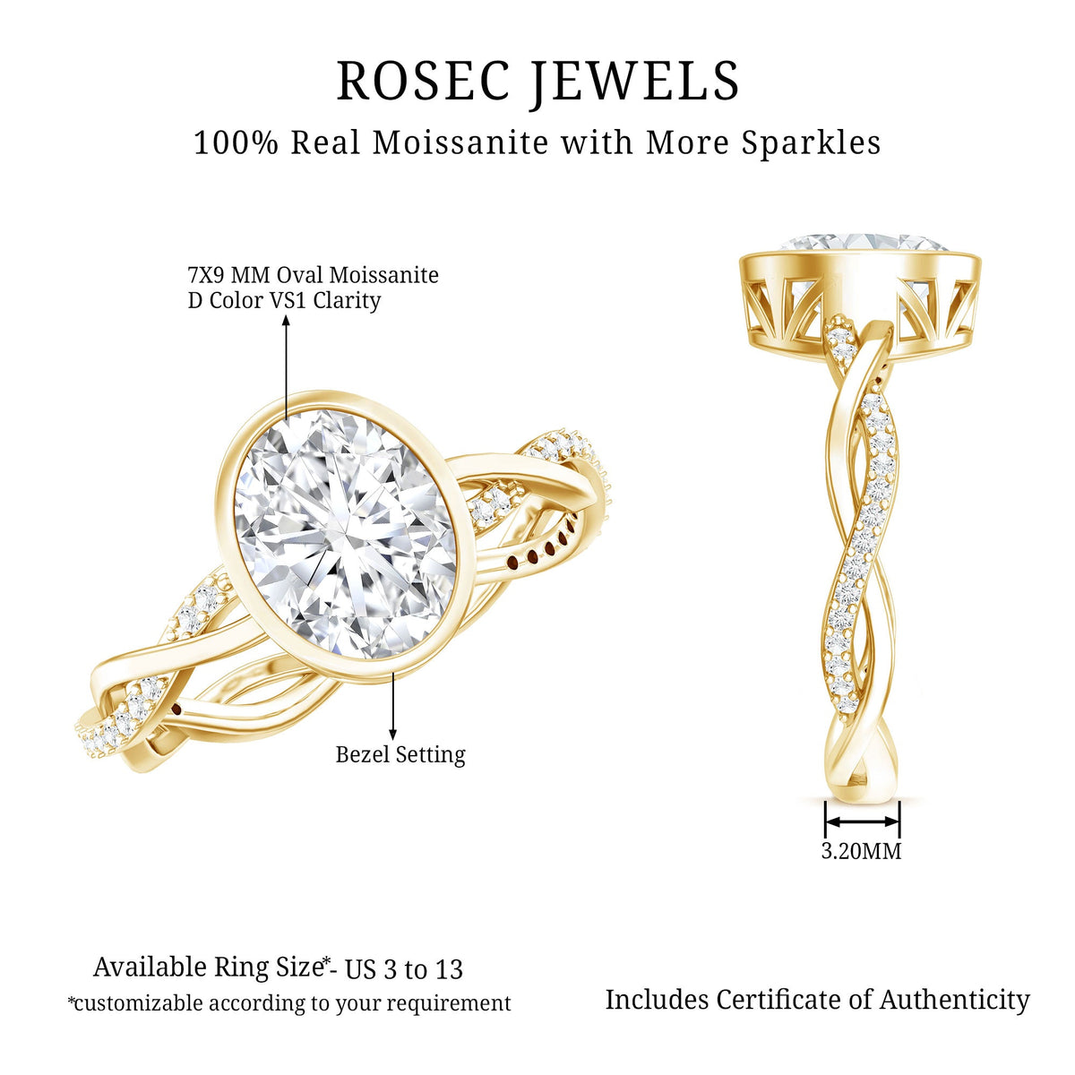 Brilliant cut moissanite engagement ring with bezel setting and braided shank, crafted by Rosec Jewels.