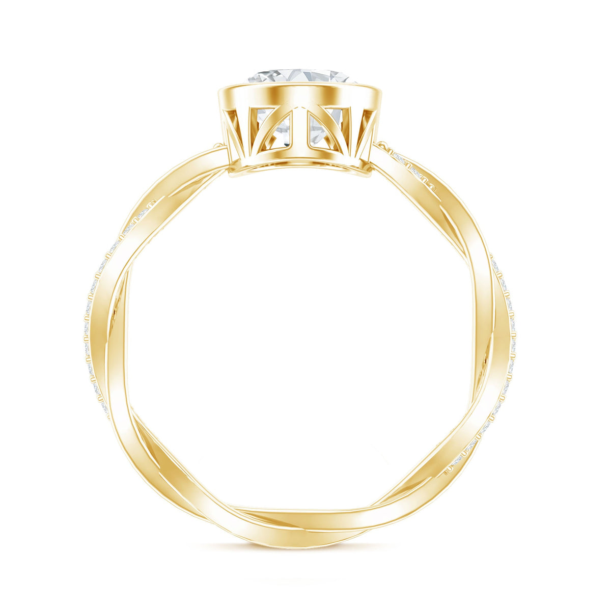 Brilliant cut moissanite bezel set engagement ring with braided shank from Rosec Jewels, showcasing a sparkling center stone and intricate band.