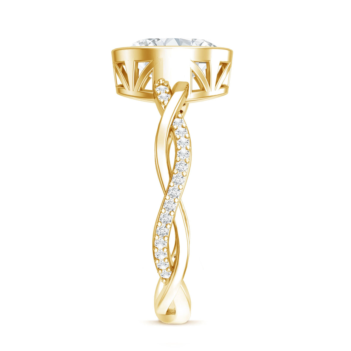 Brilliant cut moissanite bezel set engagement ring with braided shank by Rosec Jewels, showcasing a sparkling center stone and intricate band.