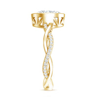Brilliant cut moissanite bezel set engagement ring with braided shank by Rosec Jewels, showcasing a sparkling center stone and intricate band.
