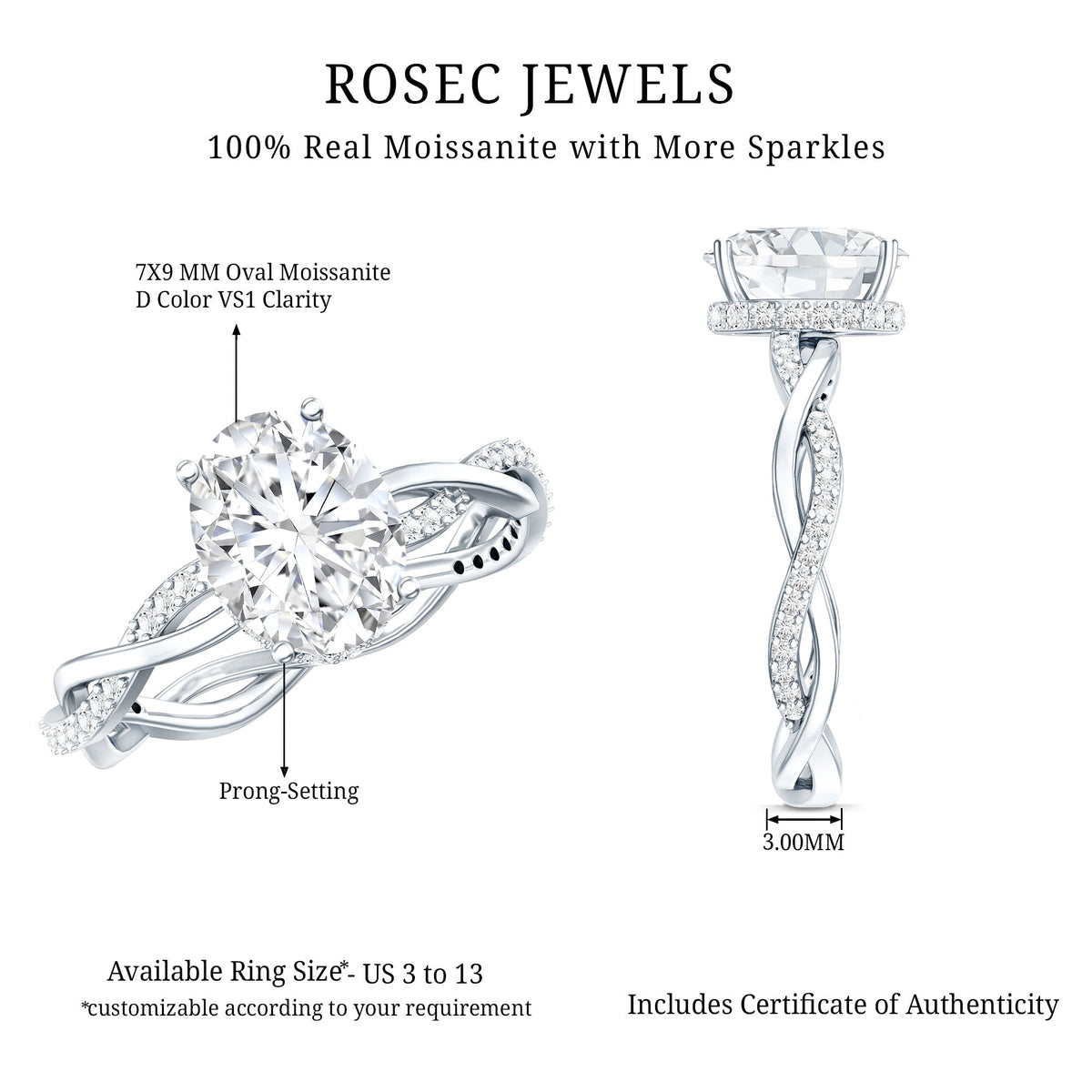 Moissanite hidden halo engagement ring with infinity shank by Rosec Jewels, featuring sparkling center stone and elegant design