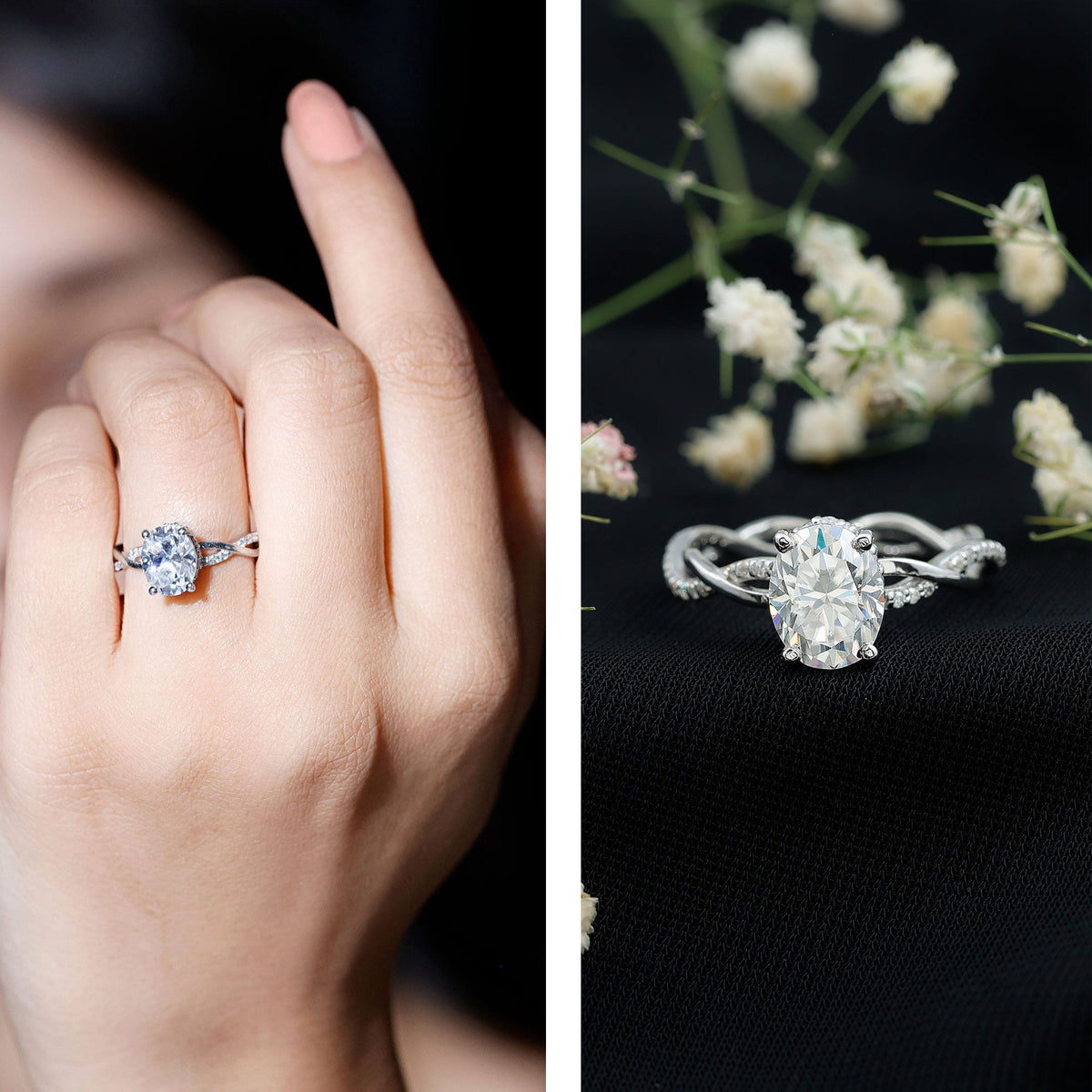 Rosec Jewels Moissanite hidden halo engagement ring with infinity shank, featuring sparkling gemstone accents and elegant design.