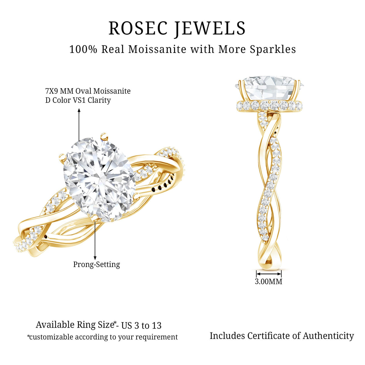 Moissanite hidden halo engagement ring with infinity shank by Rosec Jewels, showcasing sparkling center stone and intricate band design.