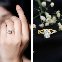 Moissanite hidden halo engagement ring with infinity shank from Rosec Jewels, featuring sparkling central stone and elegant design.