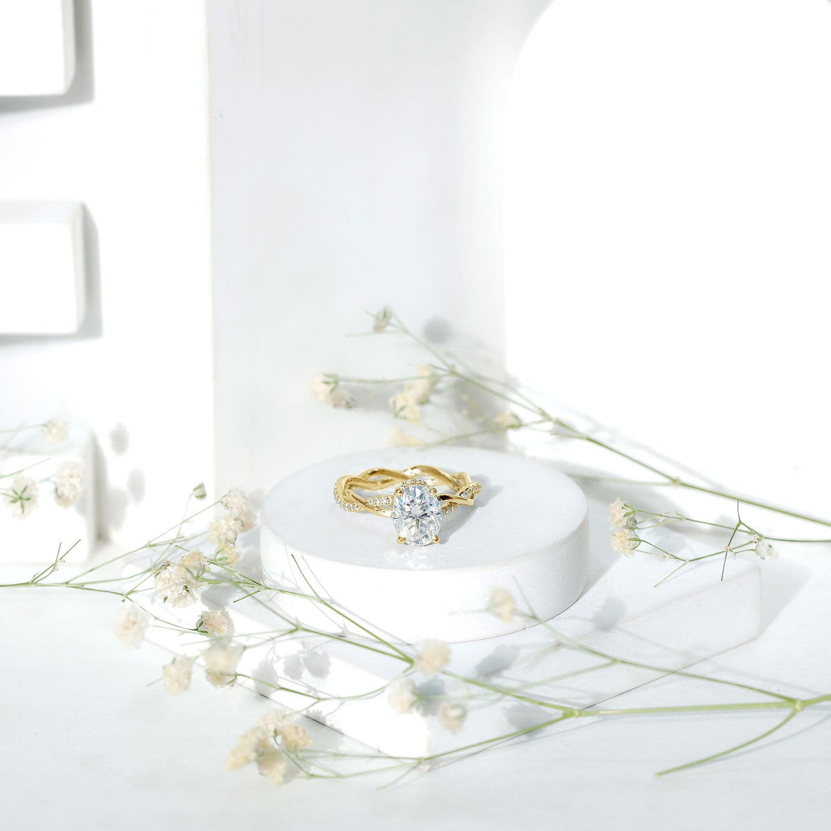 Moissanite hidden halo engagement ring with infinity shank from Rosec Jewels, showcasing sparkling center stone and elegant band details.