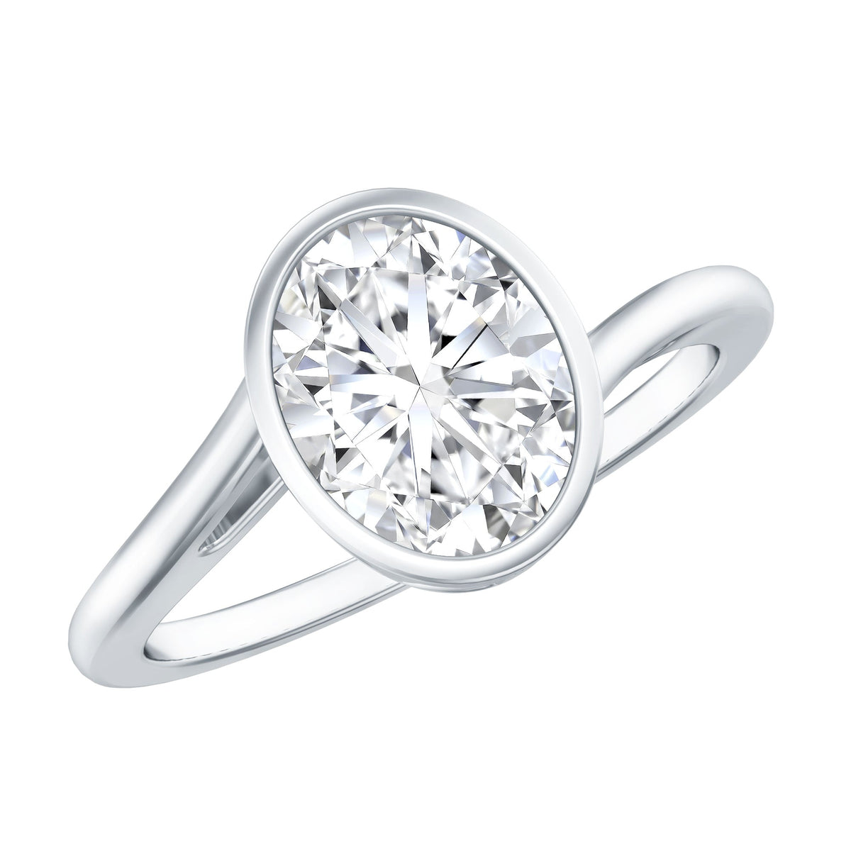 Solitaire 2 Carat Moissanite engagement ring with bezel setting and bypass shank by Rosec Jewels, shown from a side angle.