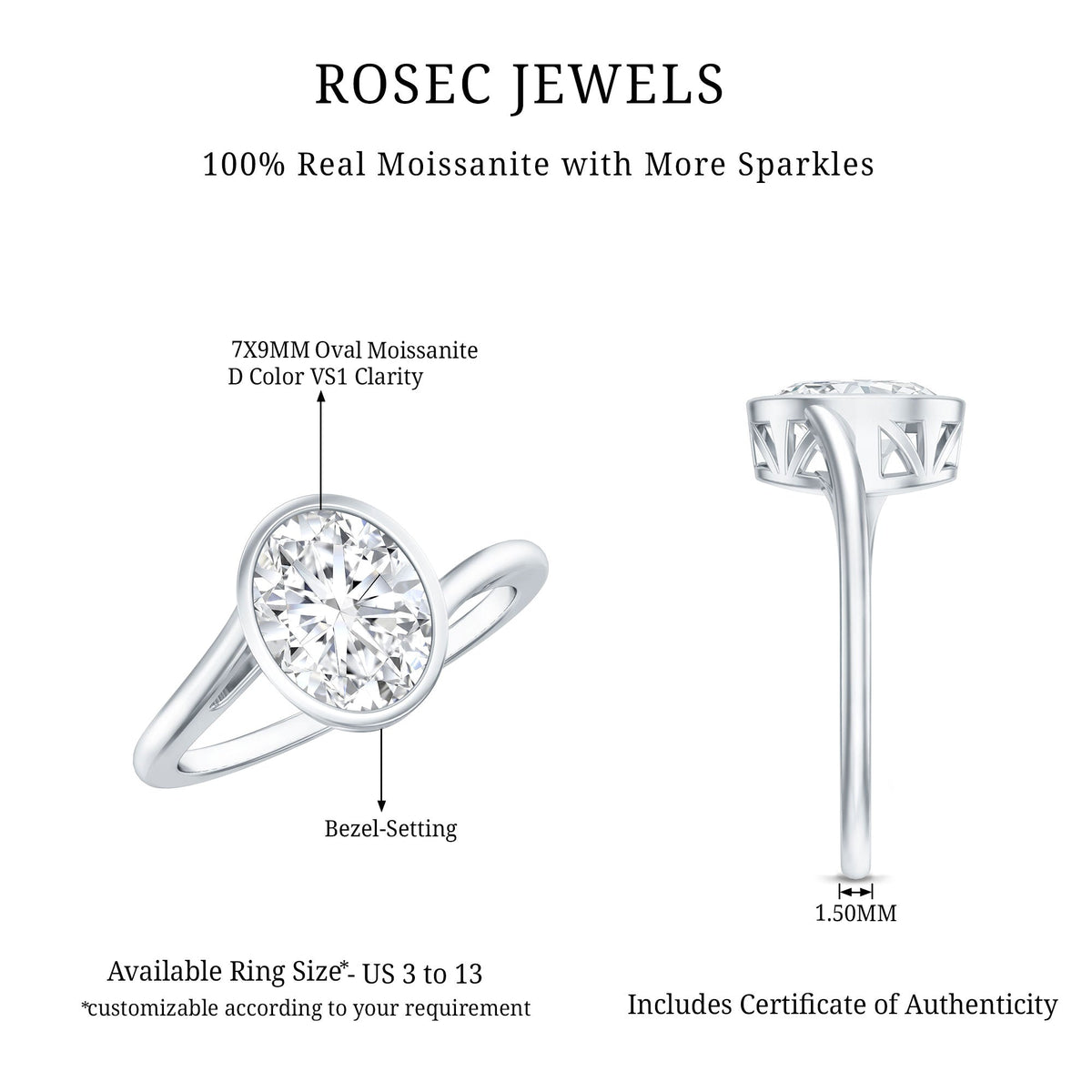 Rosec Jewels 2 Carat Moissanite solitaire engagement ring with bezel setting and bypass shank, showcasing elegant craftsmanship.