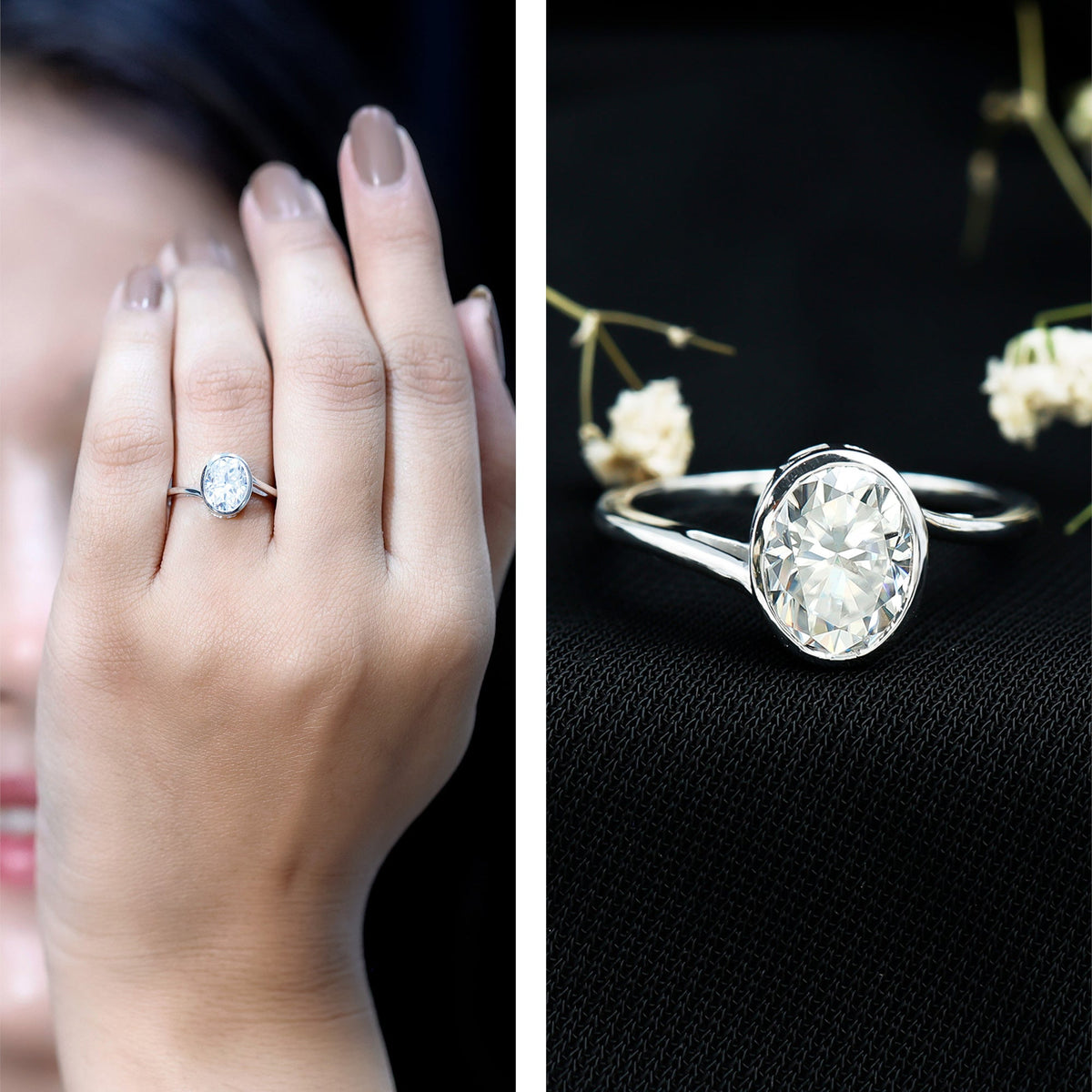 Solitaire 2 carat moissanite bezel set engagement ring with bypass shank by Rosec Jewels, featuring a prominent central stone and elegant design.