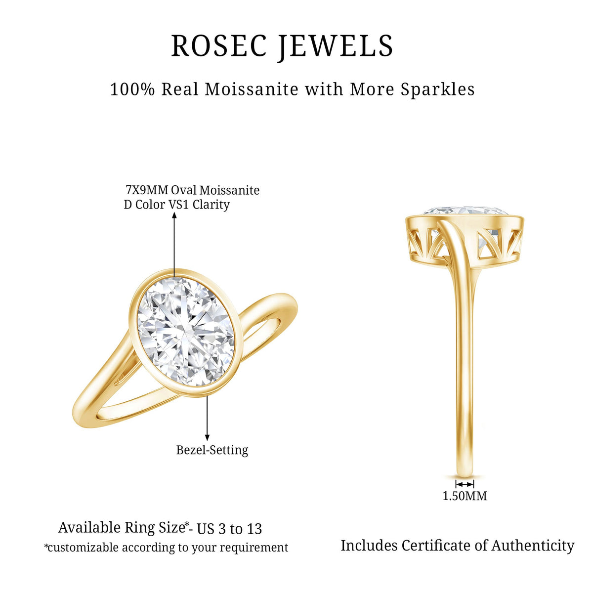 Solitaire 2 Carat Moissanite engagement ring with bezel setting and bypass shank by Rosec Jewels, featuring a sparkling central stone.