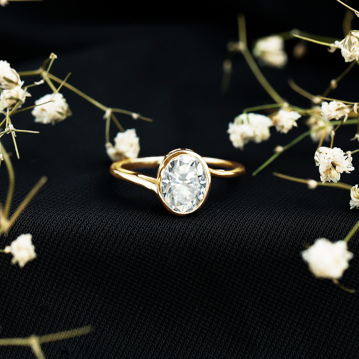 Solitaire 2 Carat Moissanite engagement ring with bezel setting and bypass shank, crafted by Rosec Jewels