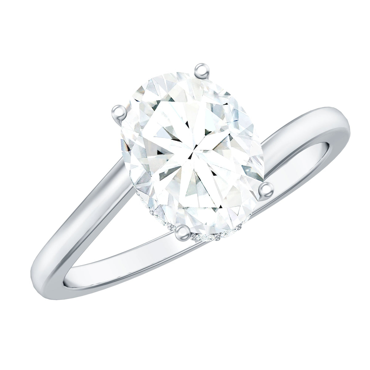 Oval cut solitaire moissanite bypass engagement ring featuring a sleek band and sparkling gemstone from Rosec Jewels.
