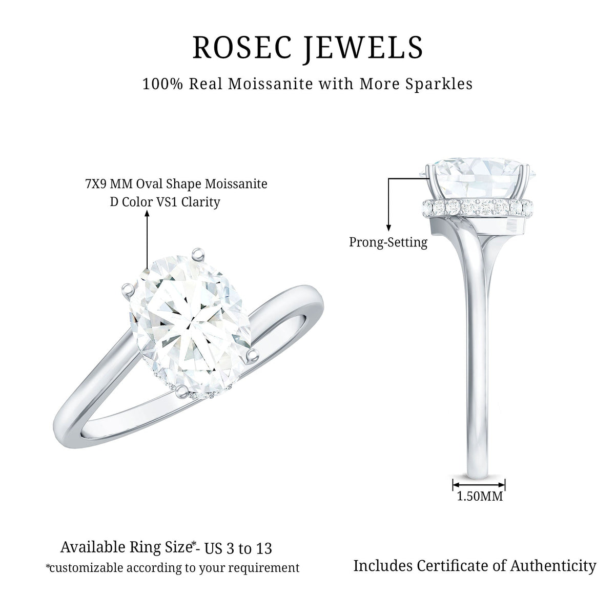 Oval cut solitaire moissanite bypass engagement ring by Rosec Jewels, showcasing a sparkling oval gemstone on a sleek bypass band.